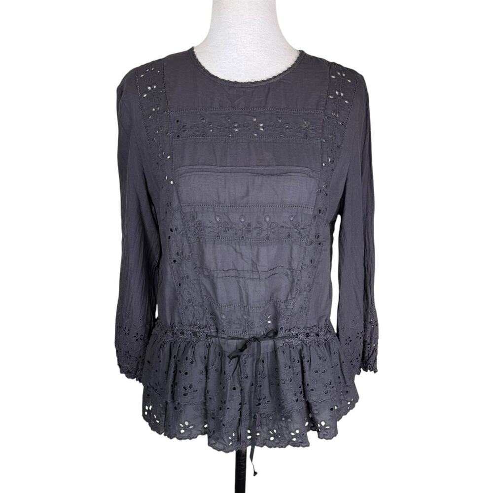 Trovata Birds Of Paradis Megan Licorice Grey 100% Cotton Eyelet Lace Blouse Top